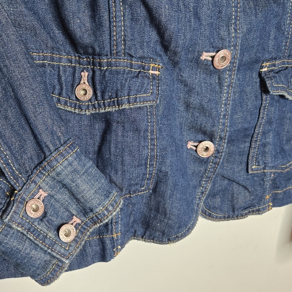 GAP Y2K Denim Blazer Jacket Womens 12‎ Dark Wash Cotton Linen Pink Stitching - Picture 4 of 8